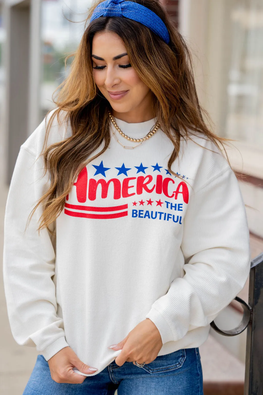 America The Beautiful Ribbed Graphic Crewneck