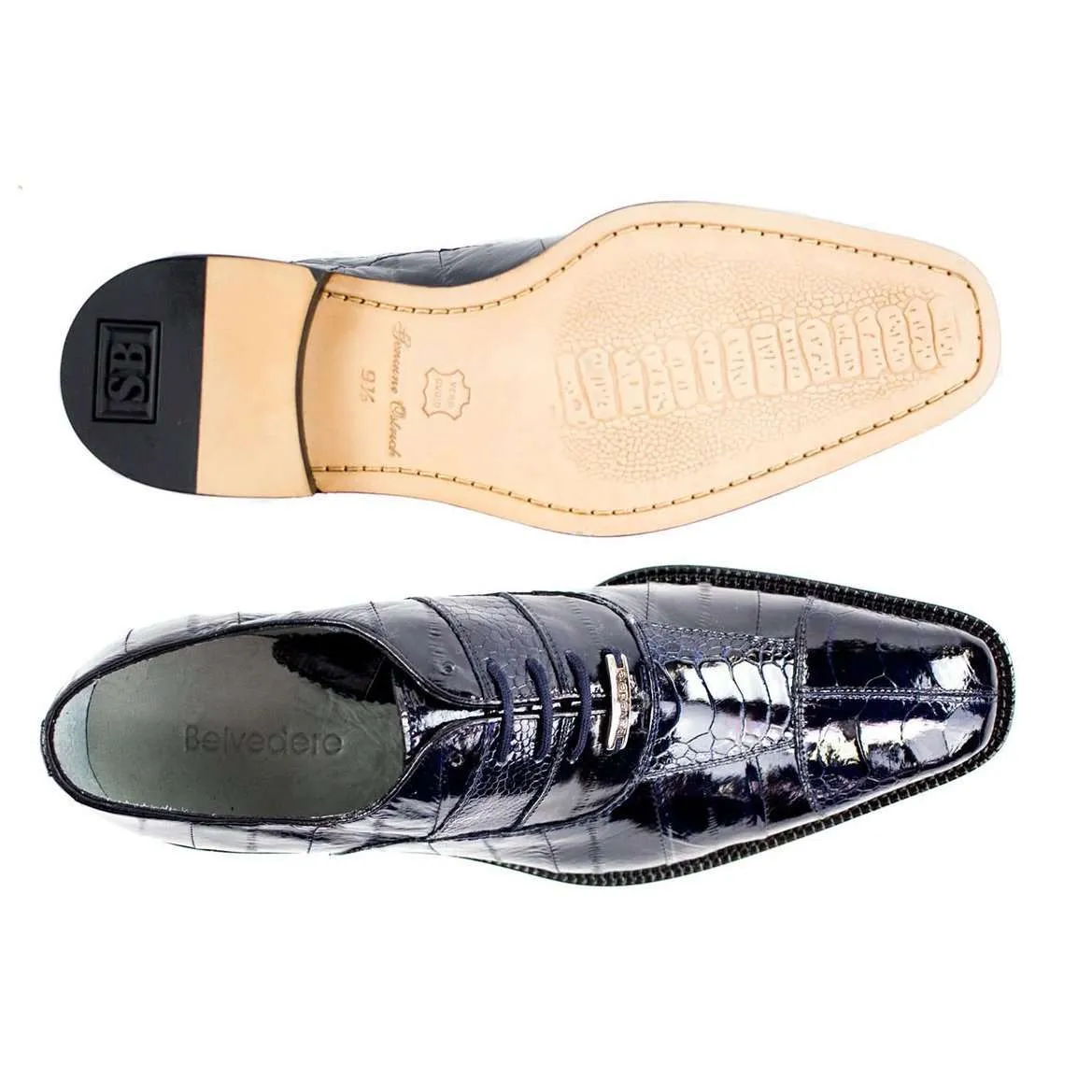 Belvedere Designer Shoes Men's Mare Navy Genuine Ostrich & Eel Oxfords 2P7 (BV2326)