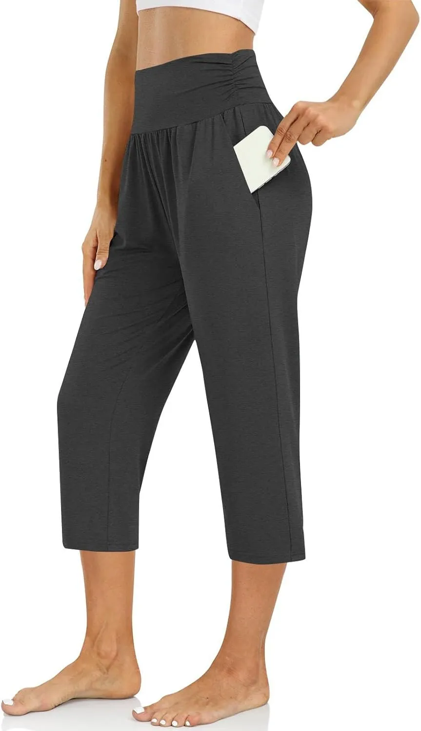 Capri Pants for Women Stretchy Waist Sweatpants Business Casual Slim Straight Leg Trousers Summer Loungewear