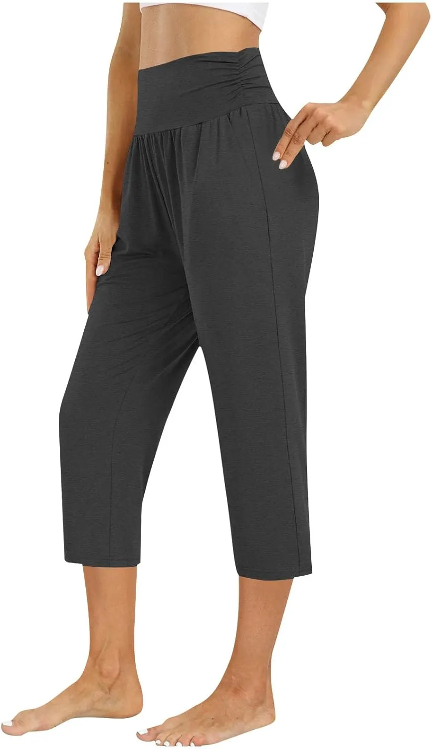 Capri Pants for Women Stretchy Waist Sweatpants Business Casual Slim Straight Leg Trousers Summer Loungewear