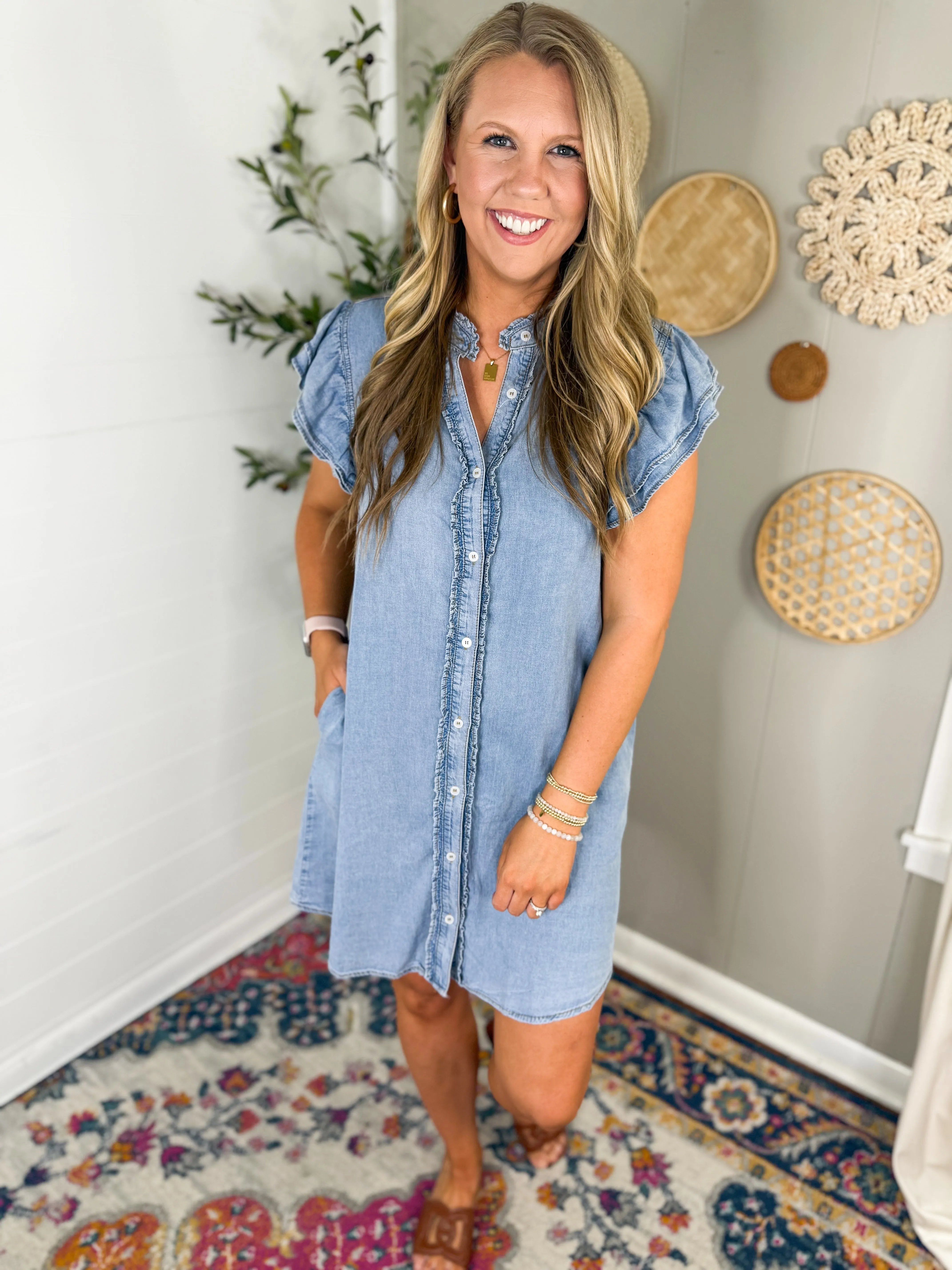 Chambray Ruffle Sleeve Dress