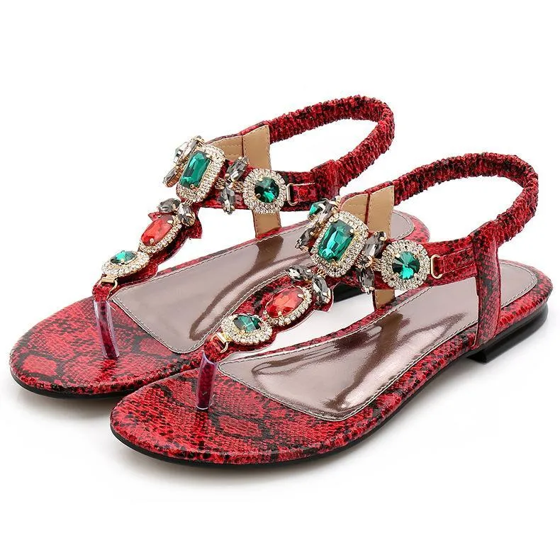 Chicvane Bohemian Rhinestone Snakeskin T-strap Thong Sandals Flat Sandals