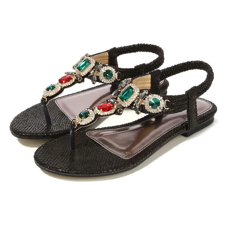 Chicvane Bohemian Rhinestone Snakeskin T-strap Thong Sandals Flat Sandals