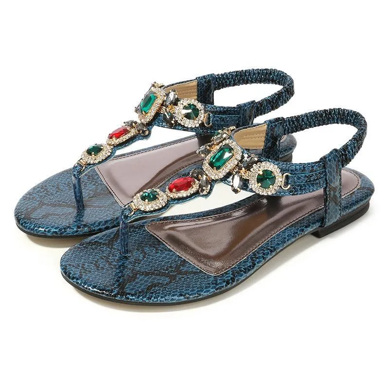 Chicvane Bohemian Rhinestone Snakeskin T-strap Thong Sandals Flat Sandals