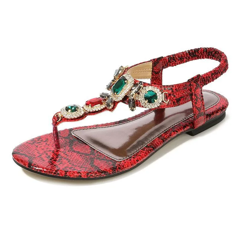 Chicvane Bohemian Rhinestone Snakeskin T-strap Thong Sandals Flat Sandals