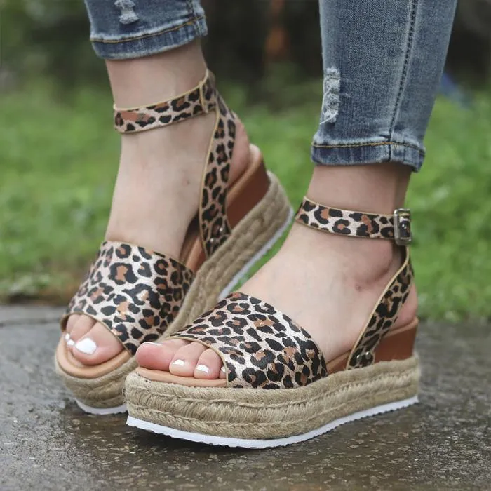 Chicvane Leopard Printed Ankle Strap Buckle Platform Espadrille Sandal.