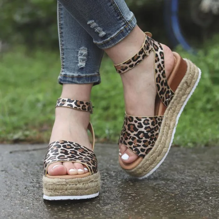 Chicvane Leopard Printed Ankle Strap Buckle Platform Espadrille Sandal.