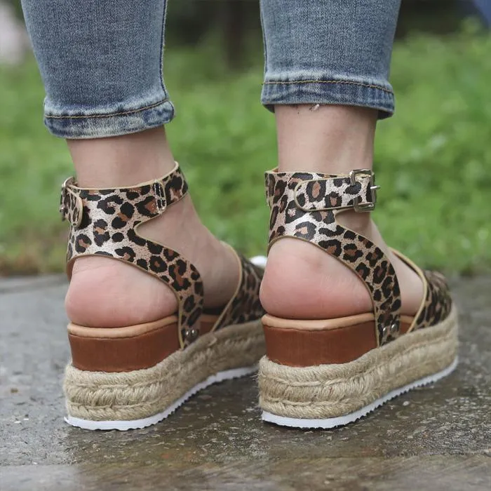Chicvane Leopard Printed Ankle Strap Buckle Platform Espadrille Sandal.