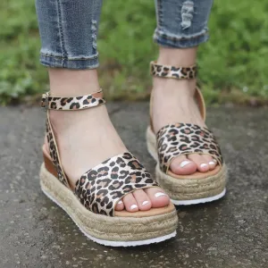 Chicvane Leopard Printed Ankle Strap Buckle Platform Espadrille Sandal.