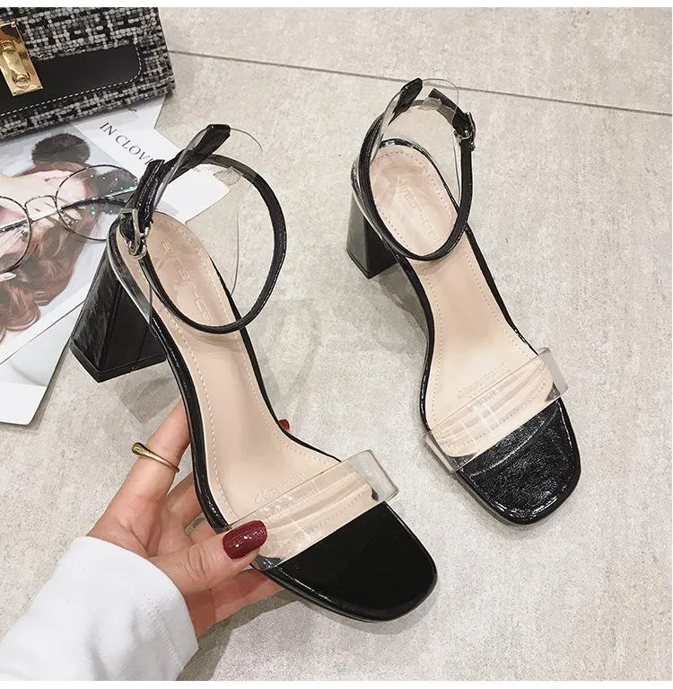Chicvane Transparent Buckle Closure Chunky Heels Dress Sandals
