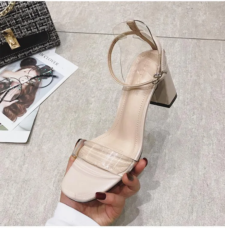 Chicvane Transparent Buckle Closure Chunky Heels Dress Sandals