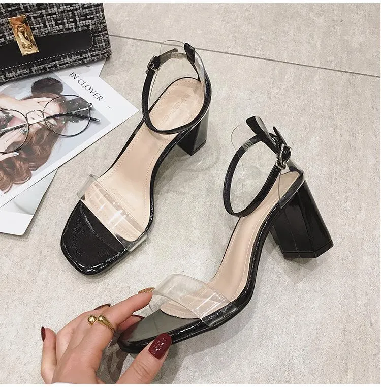 Chicvane Transparent Buckle Closure Chunky Heels Dress Sandals