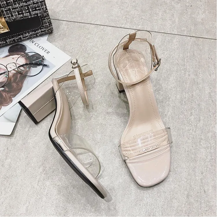 Chicvane Transparent Buckle Closure Chunky Heels Dress Sandals