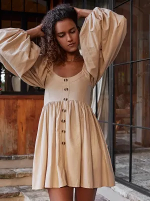 Chloie Empire Waist Linen Mini Dress - Weekend Beige