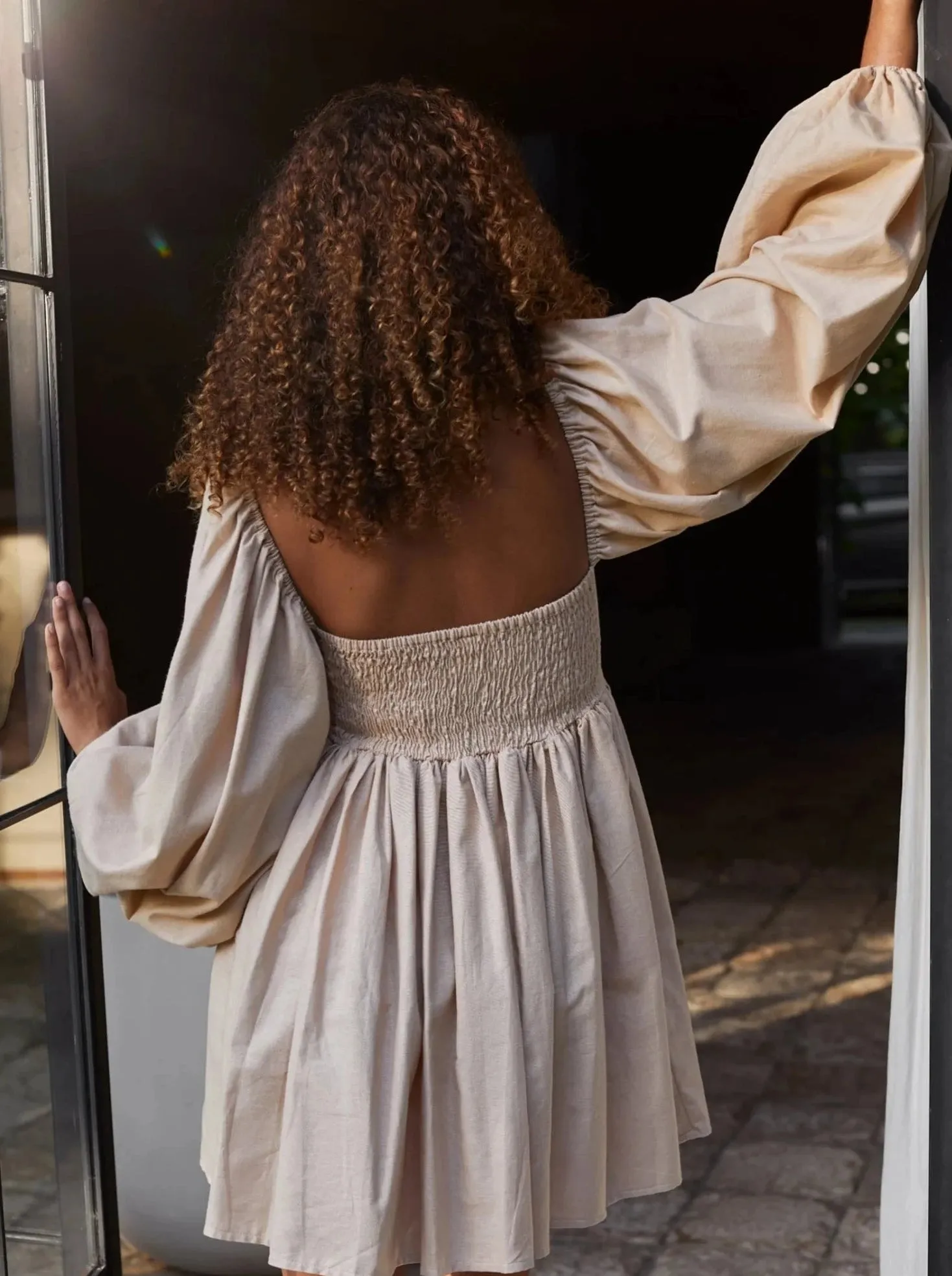 Chloie Empire Waist Linen Mini Dress - Weekend Beige
