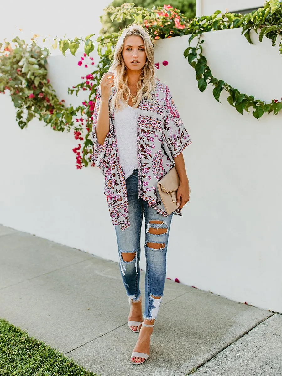 Floral Print Front Open Short Sleeve Cardigan