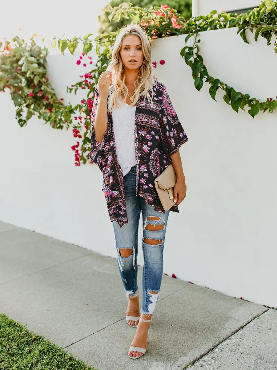 Floral Print Front Open Short Sleeve Cardigan