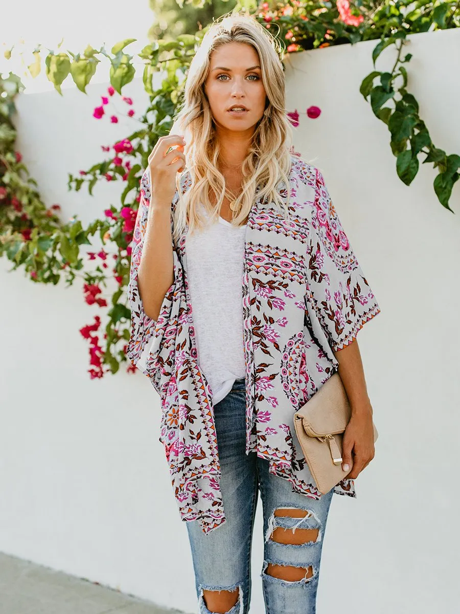 Floral Print Front Open Short Sleeve Cardigan
