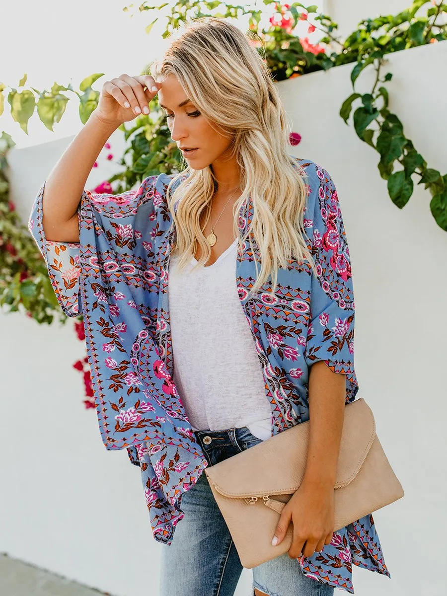 Floral Print Front Open Short Sleeve Cardigan