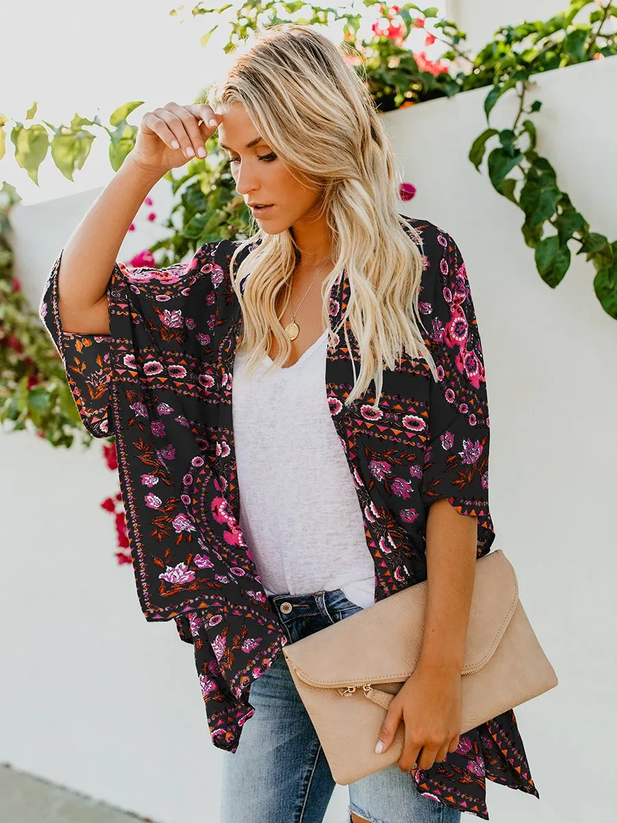 Floral Print Front Open Short Sleeve Cardigan