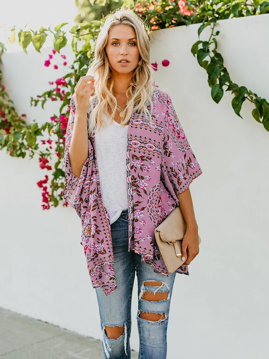 Floral Print Front Open Short Sleeve Cardigan