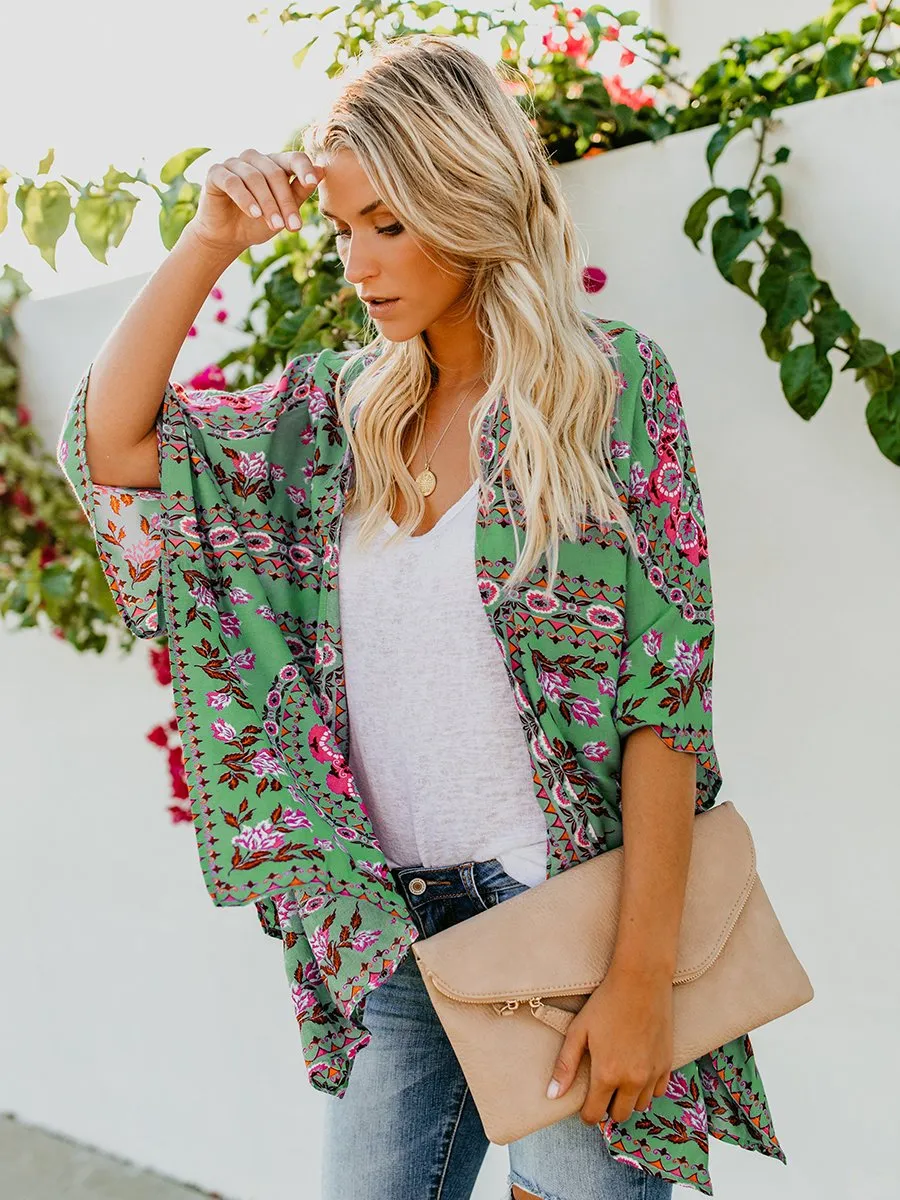 Floral Print Front Open Short Sleeve Cardigan