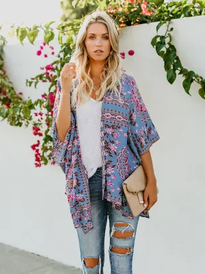 Floral Print Front Open Short Sleeve Cardigan