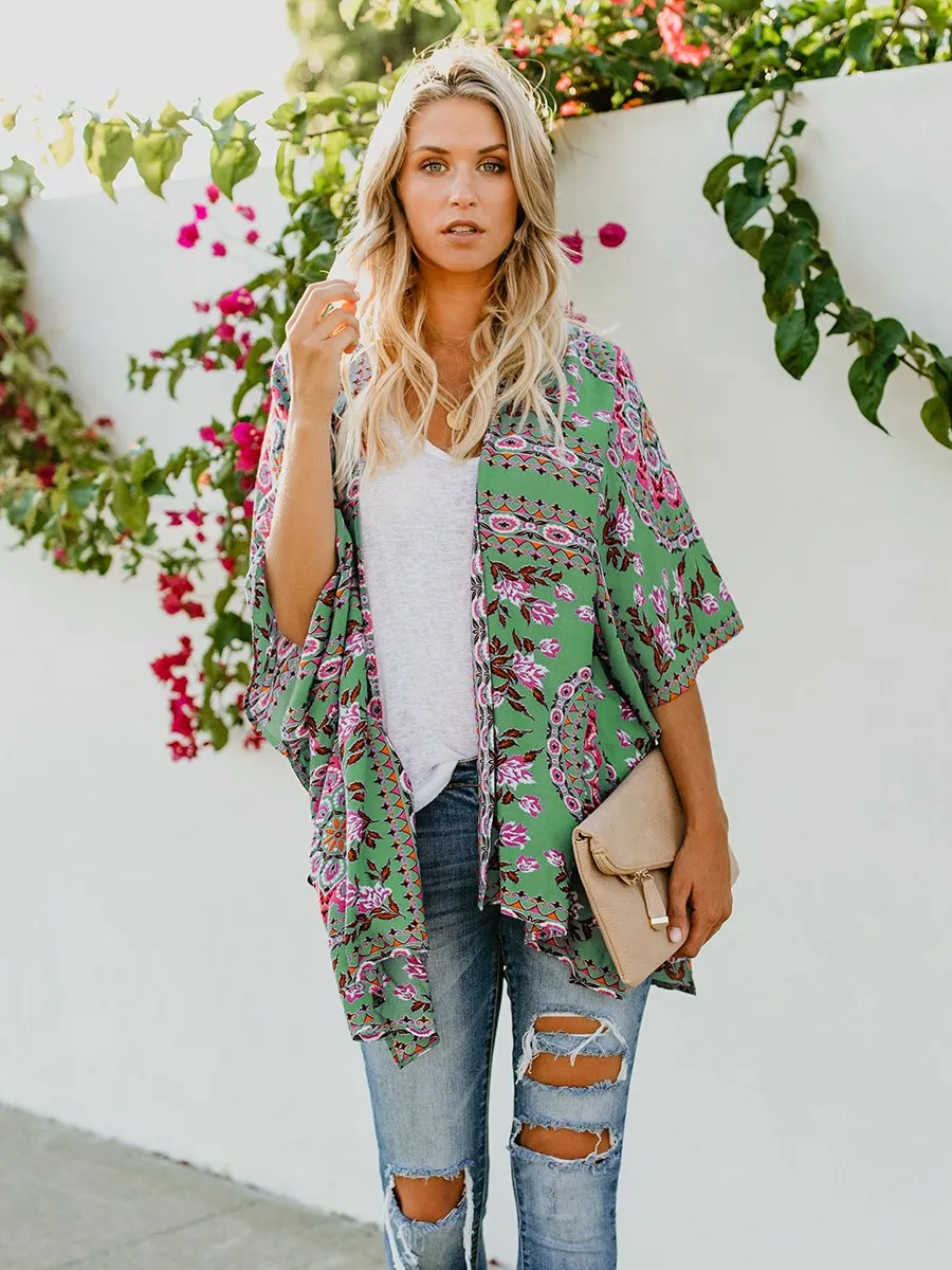 Floral Print Front Open Short Sleeve Cardigan