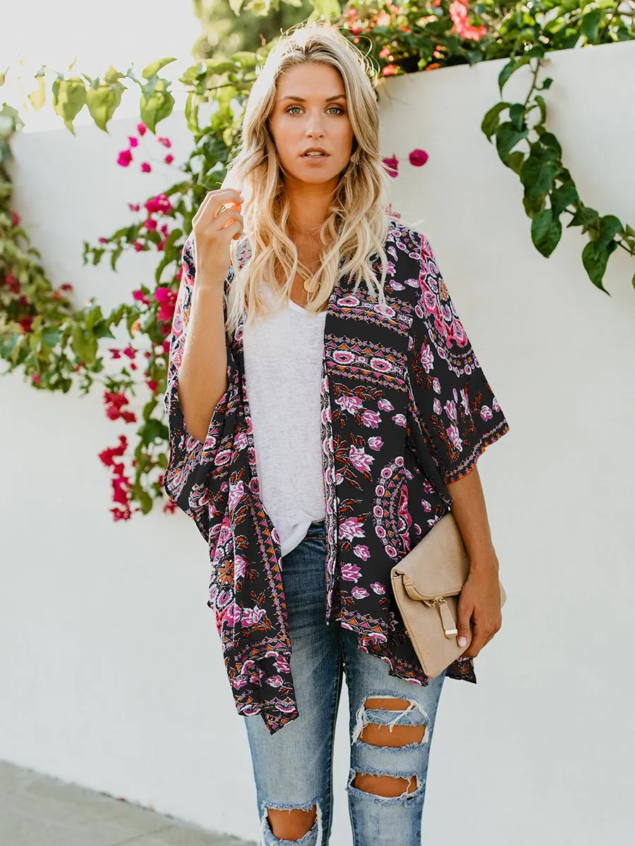 Floral Print Front Open Short Sleeve Cardigan