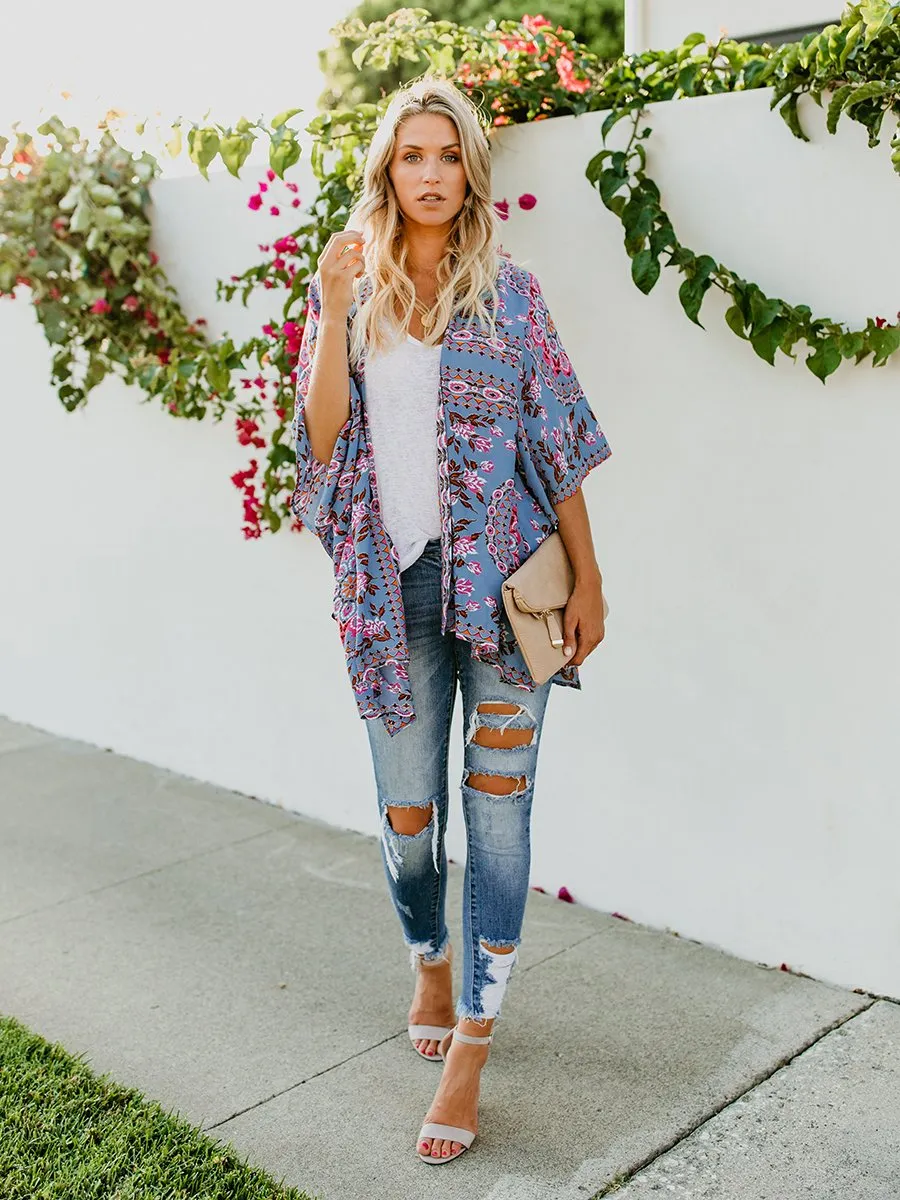 Floral Print Front Open Short Sleeve Cardigan
