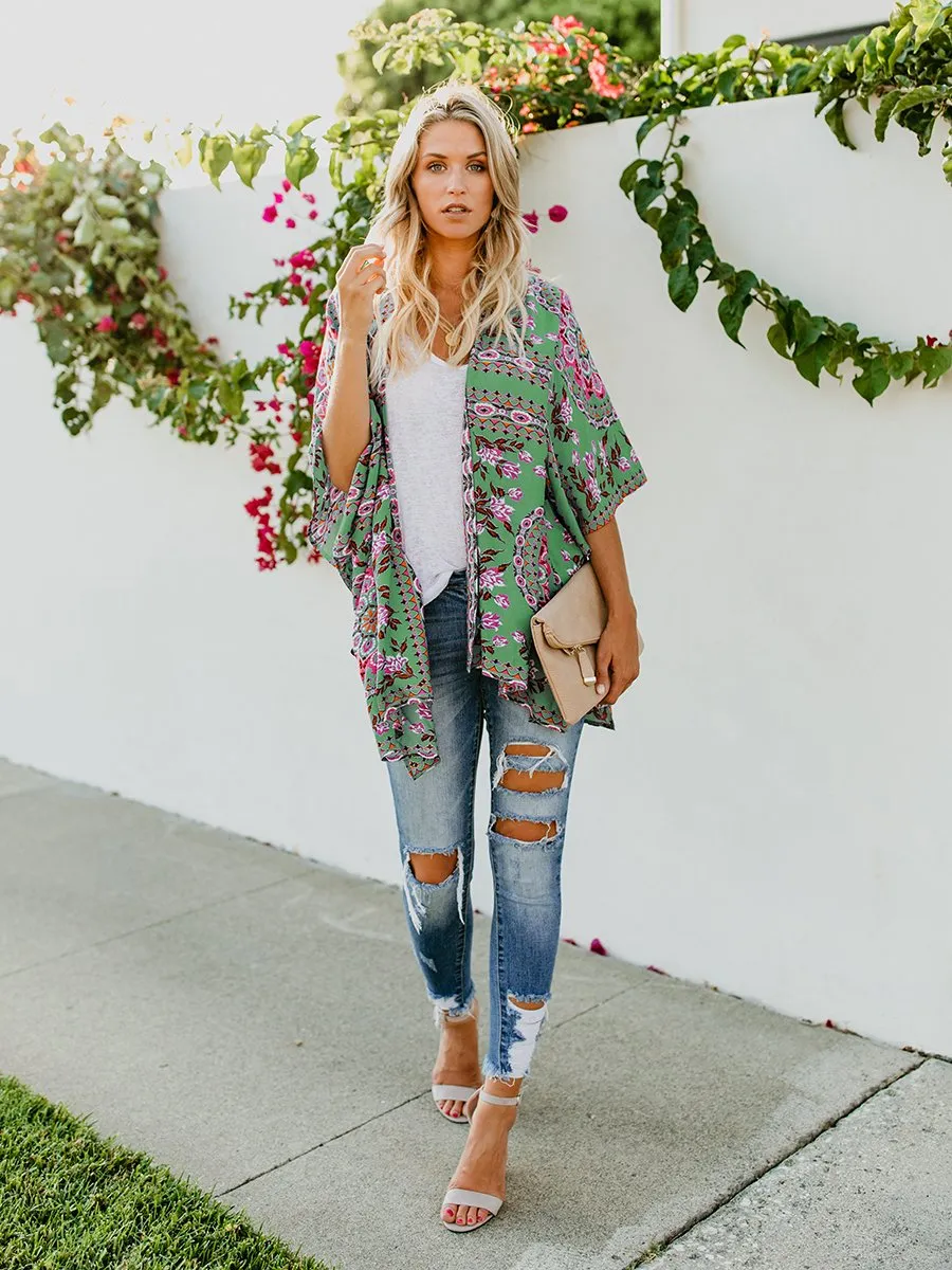 Floral Print Front Open Short Sleeve Cardigan