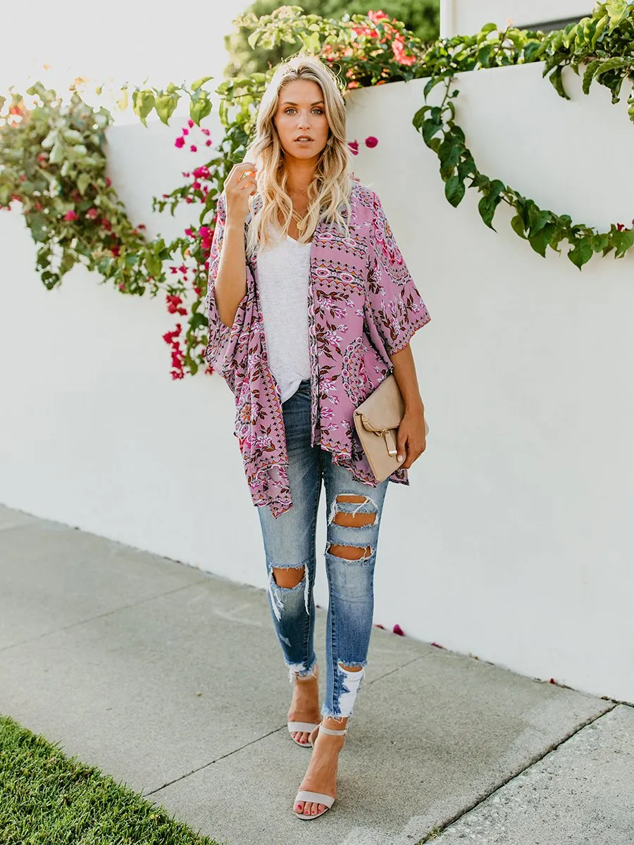 Floral Print Front Open Short Sleeve Cardigan