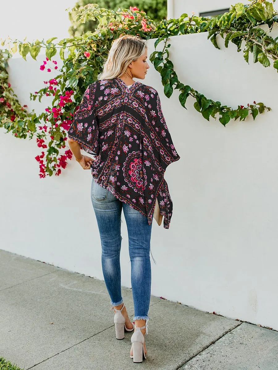 Floral Print Front Open Short Sleeve Cardigan