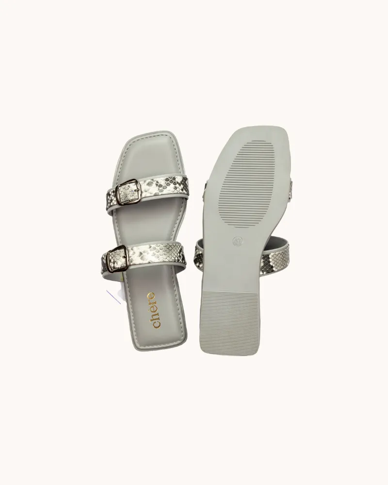 Grey Casual Double Buckle Strap Flats for Women
