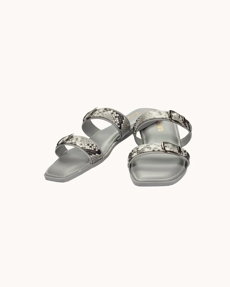 Grey Casual Double Buckle Strap Flats for Women