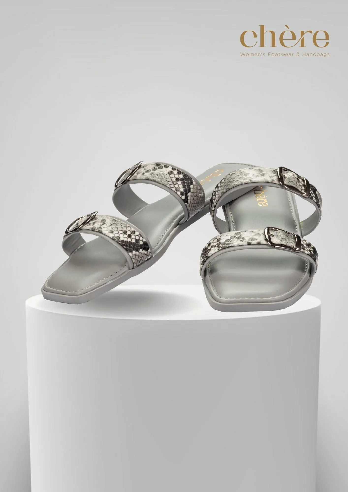 Grey Casual Double Buckle Strap Flats for Women