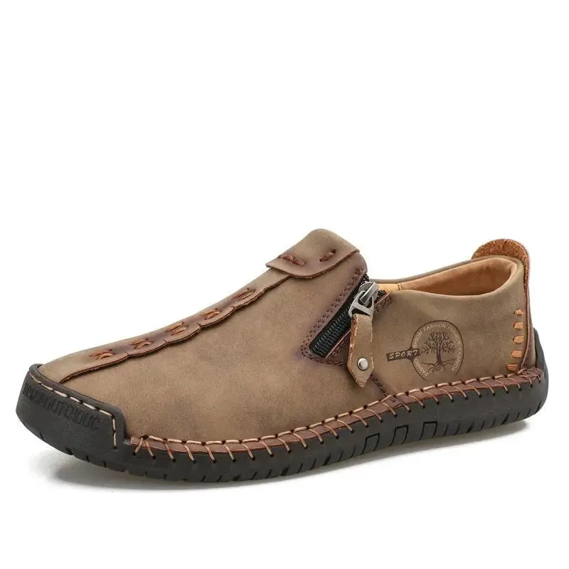 Handmade Leather Casual Shoes Breathable Fashion Business Office Shoes Lightweight Zip Soft Flats Shoes Plus Size 39~48