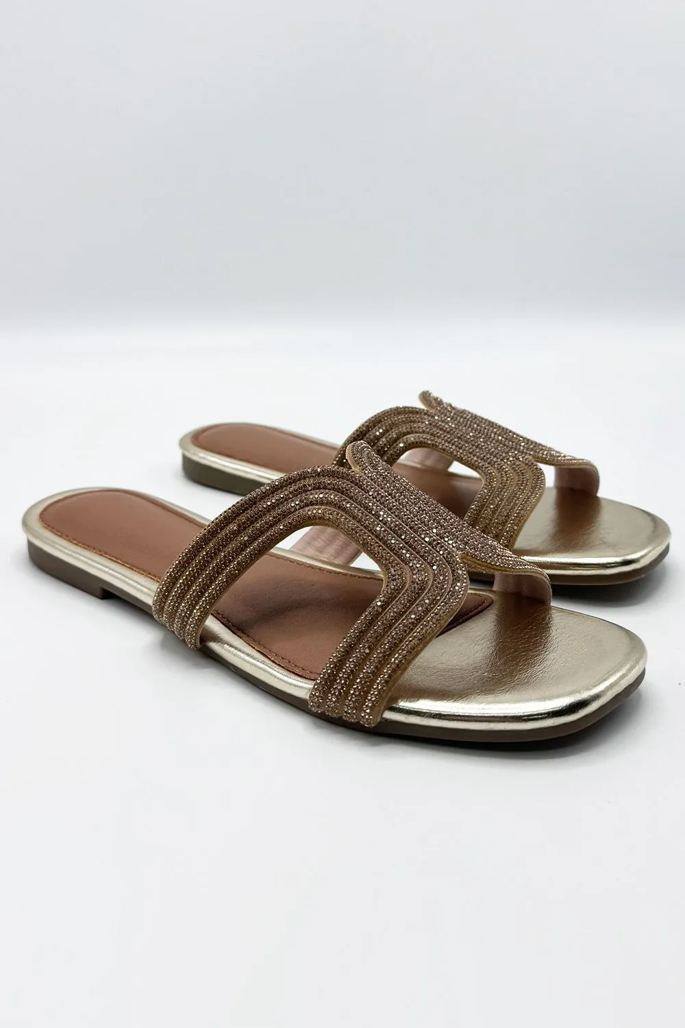 Hera Diamante Embellished Cut-Out Sliders in Gold