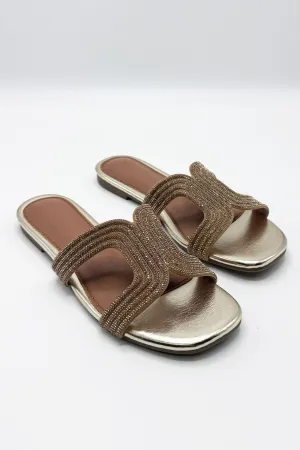 Hera Diamante Embellished Cut-Out Sliders in Gold