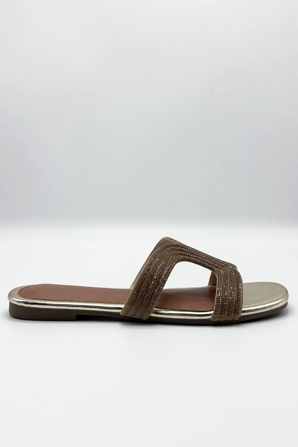 Hera Diamante Embellished Cut-Out Sliders in Gold