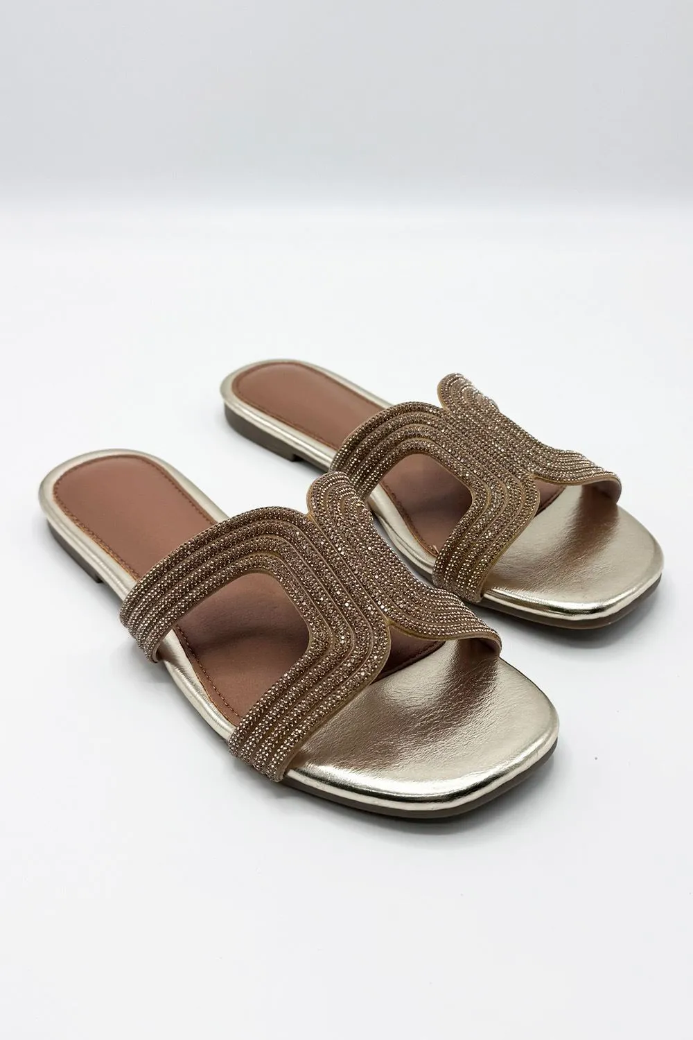 Hera Diamante Embellished Cut-Out Sliders in Gold