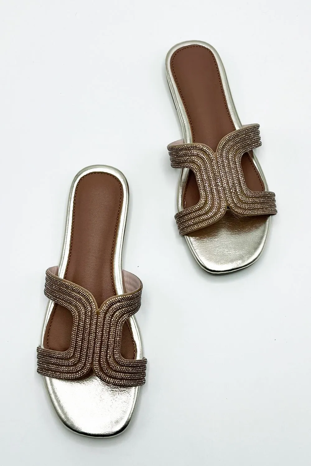 Hera Diamante Embellished Cut-Out Sliders in Gold