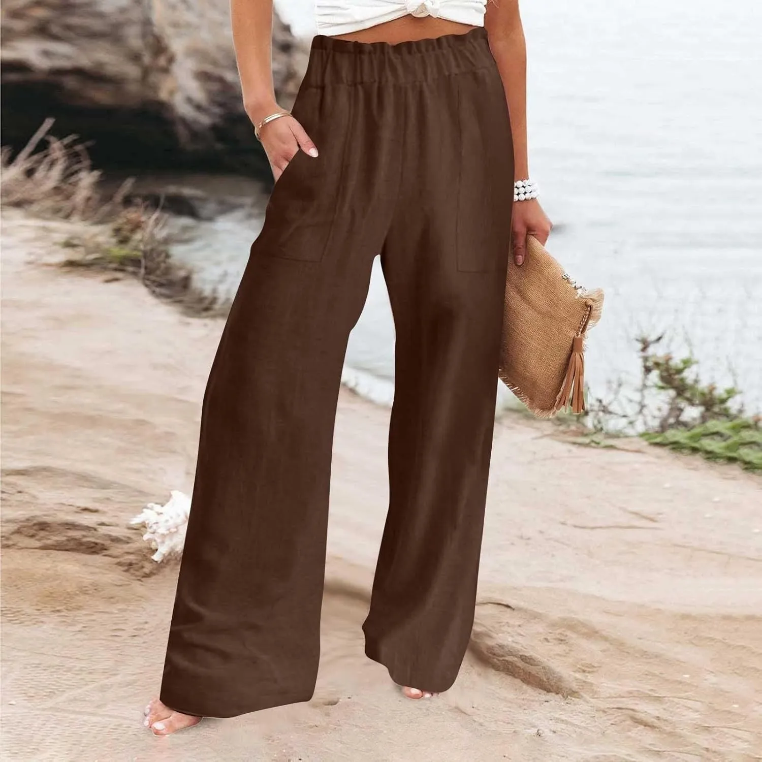 High Waisted Palazzo Pants Women Wide Leg Trousers, Casual Linen Pants with Pockets for Work or Lounge