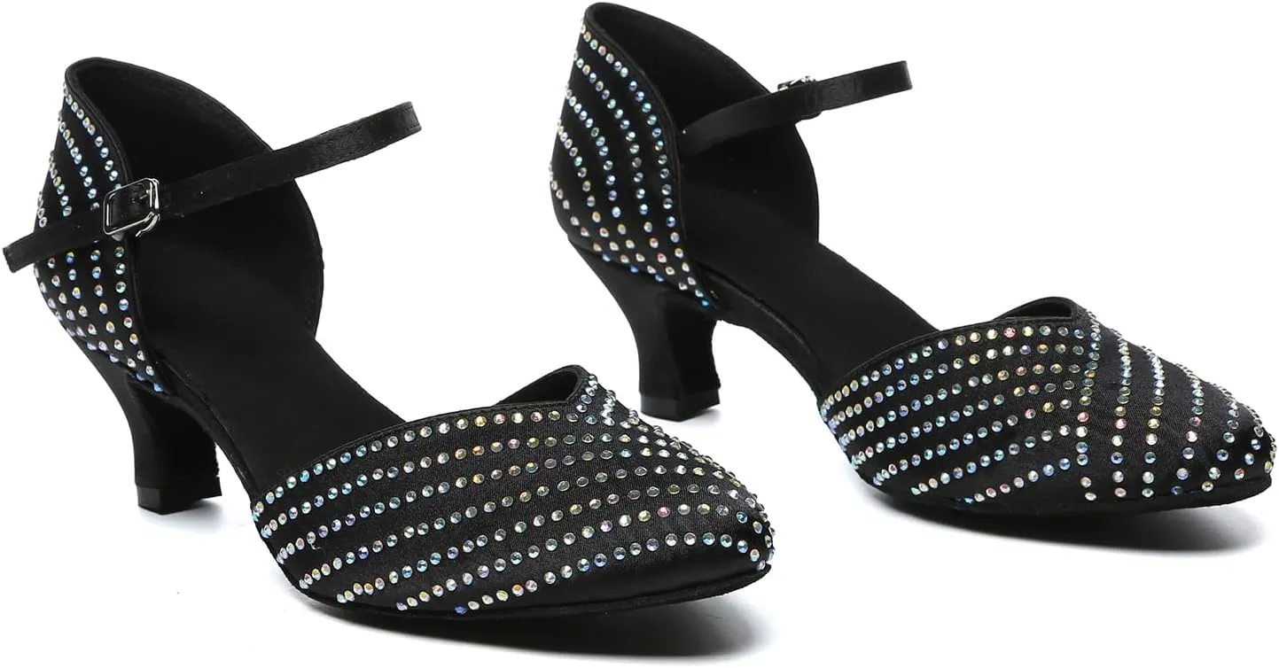 HIPPOSEUS Women's Closed Toe Latin Dance Heels Rhinestone Comfortable Ballroom Dancing Pumps,Model YCL
