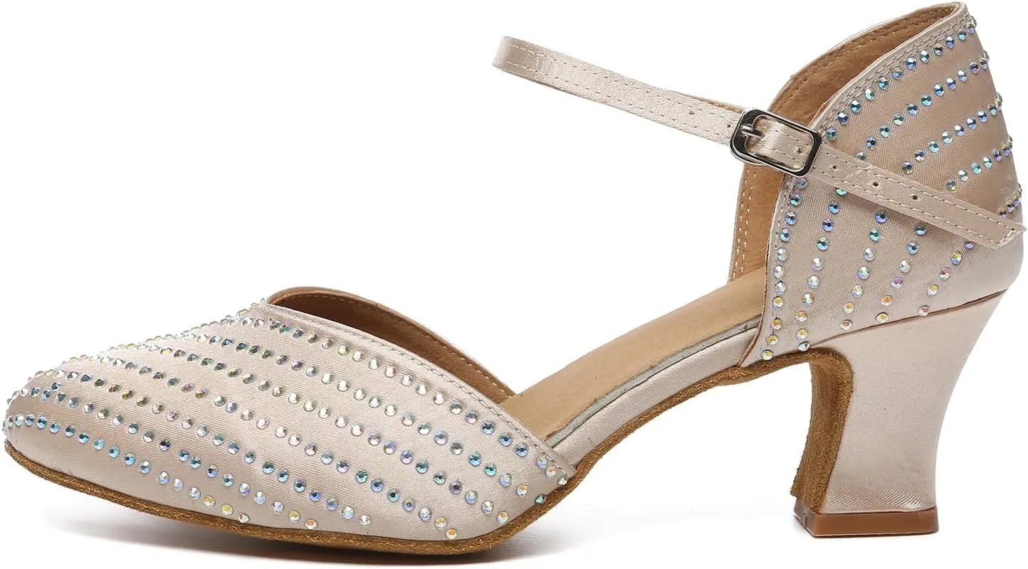 HIPPOSEUS Women's Closed Toe Latin Dance Heels Rhinestone Comfortable Ballroom Dancing Pumps,Model YCL