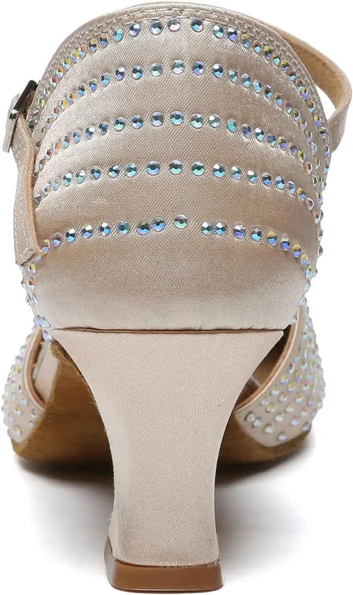 HIPPOSEUS Women's Closed Toe Latin Dance Heels Rhinestone Comfortable Ballroom Dancing Pumps,Model YCL