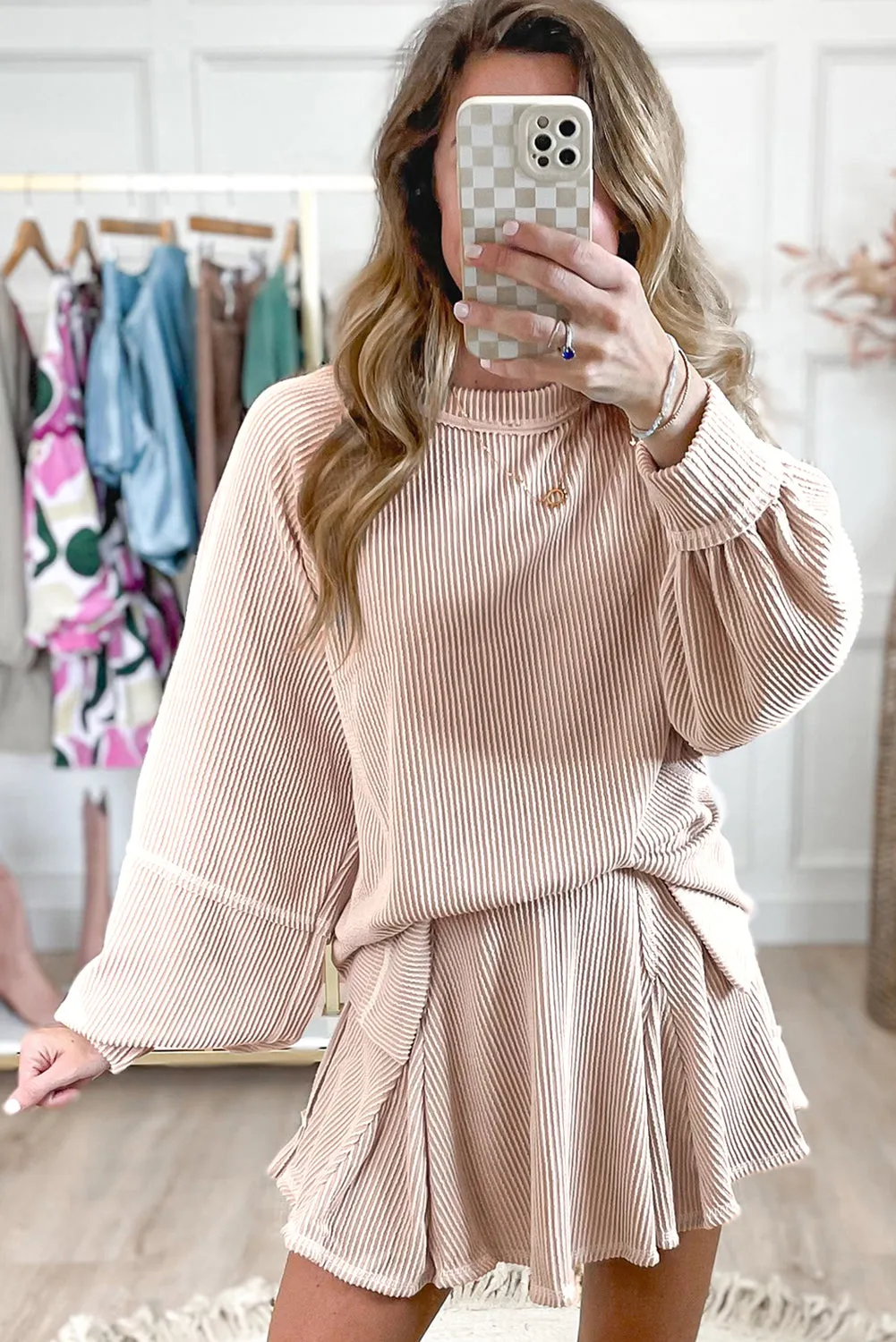 Lantern Sleeve Pullover Ruffle Mini Skirt Set (online only)