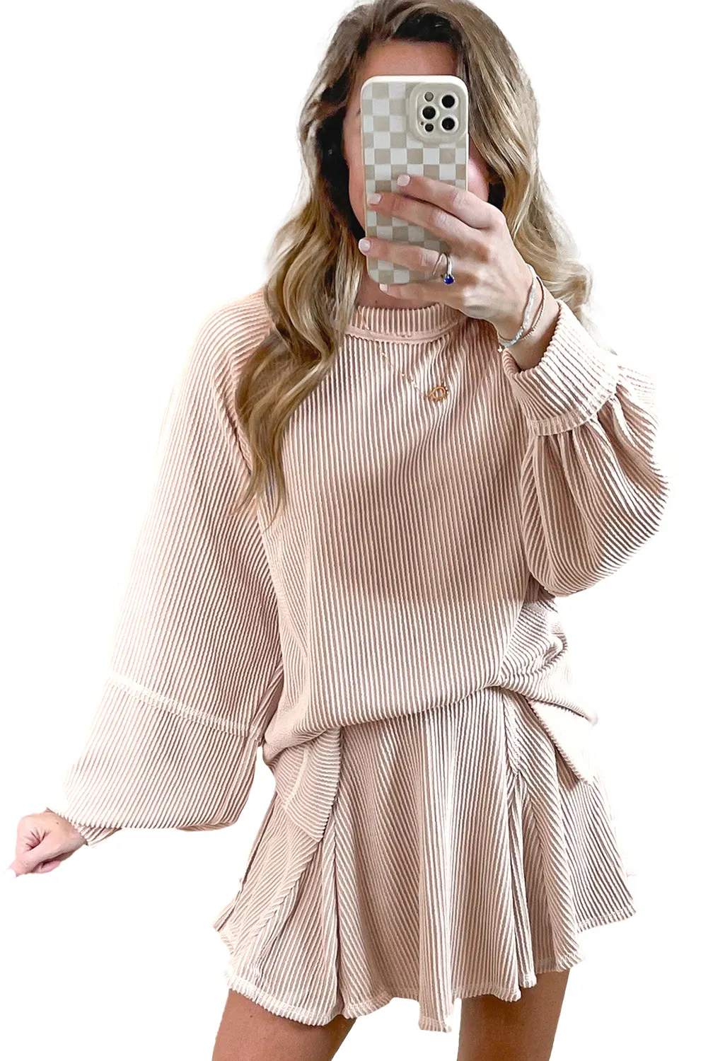 Lantern Sleeve Pullover Ruffle Mini Skirt Set (online only)