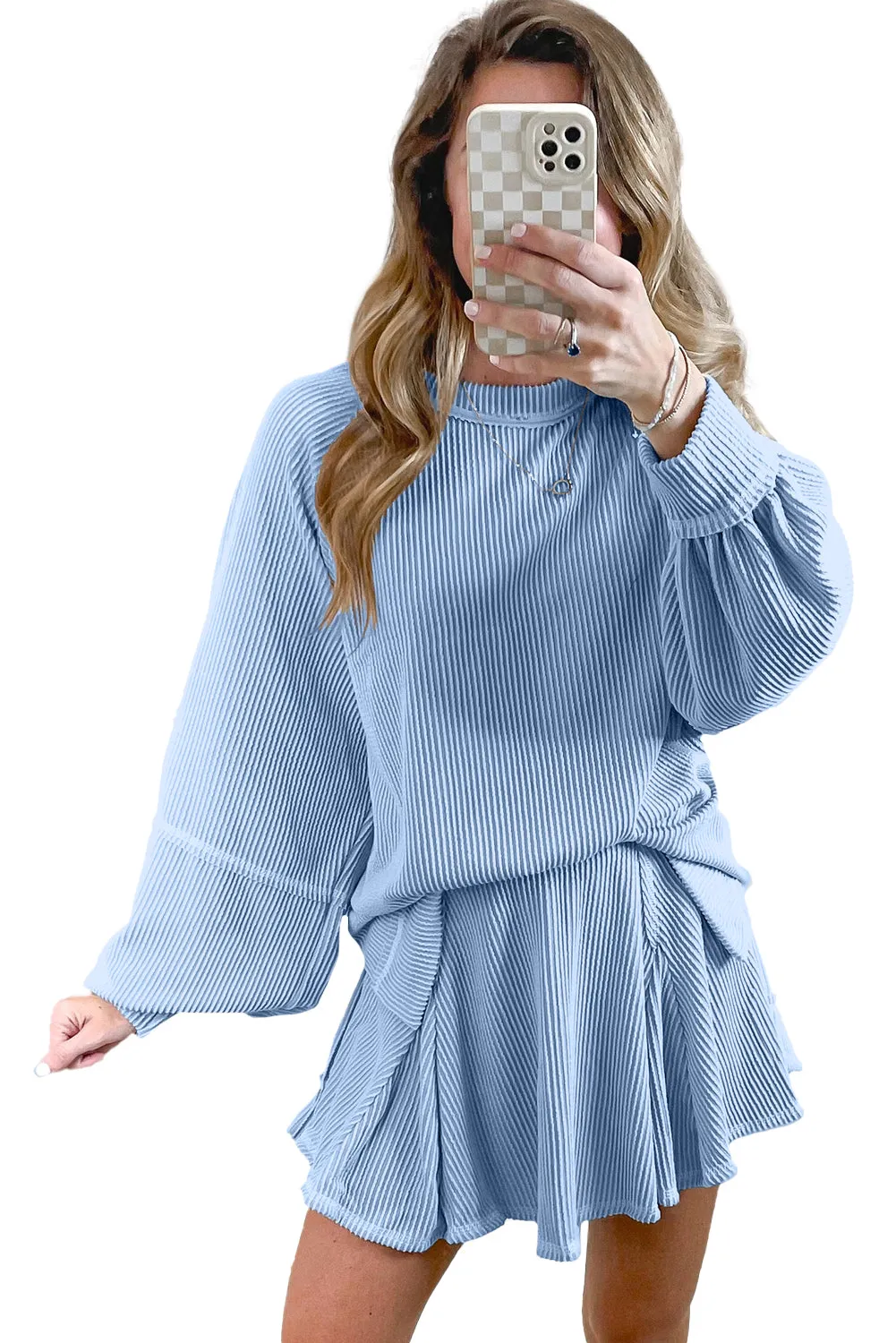 Lantern Sleeve Pullover Ruffle Mini Skirt Set (online only)
