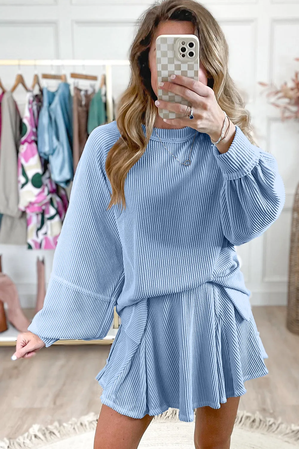 Lantern Sleeve Pullover Ruffle Mini Skirt Set (online only)